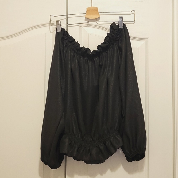 Black Metallic Off Shoulder Long Sleeve Top - Picture 2 of 3